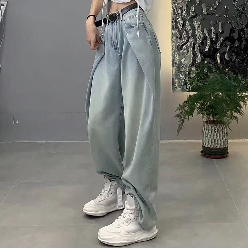 European Style New Arrival Autumn Women Vintage Cotton Denim Full Length Pants Button Fly Waist Casual Loose Straigh